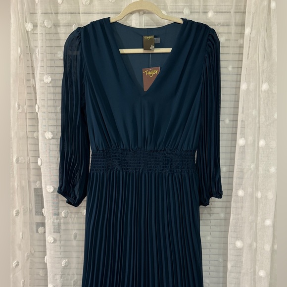 Taylor Smocked Waist Pleated Blue-Green Midi Dress - Picture 7 of 8